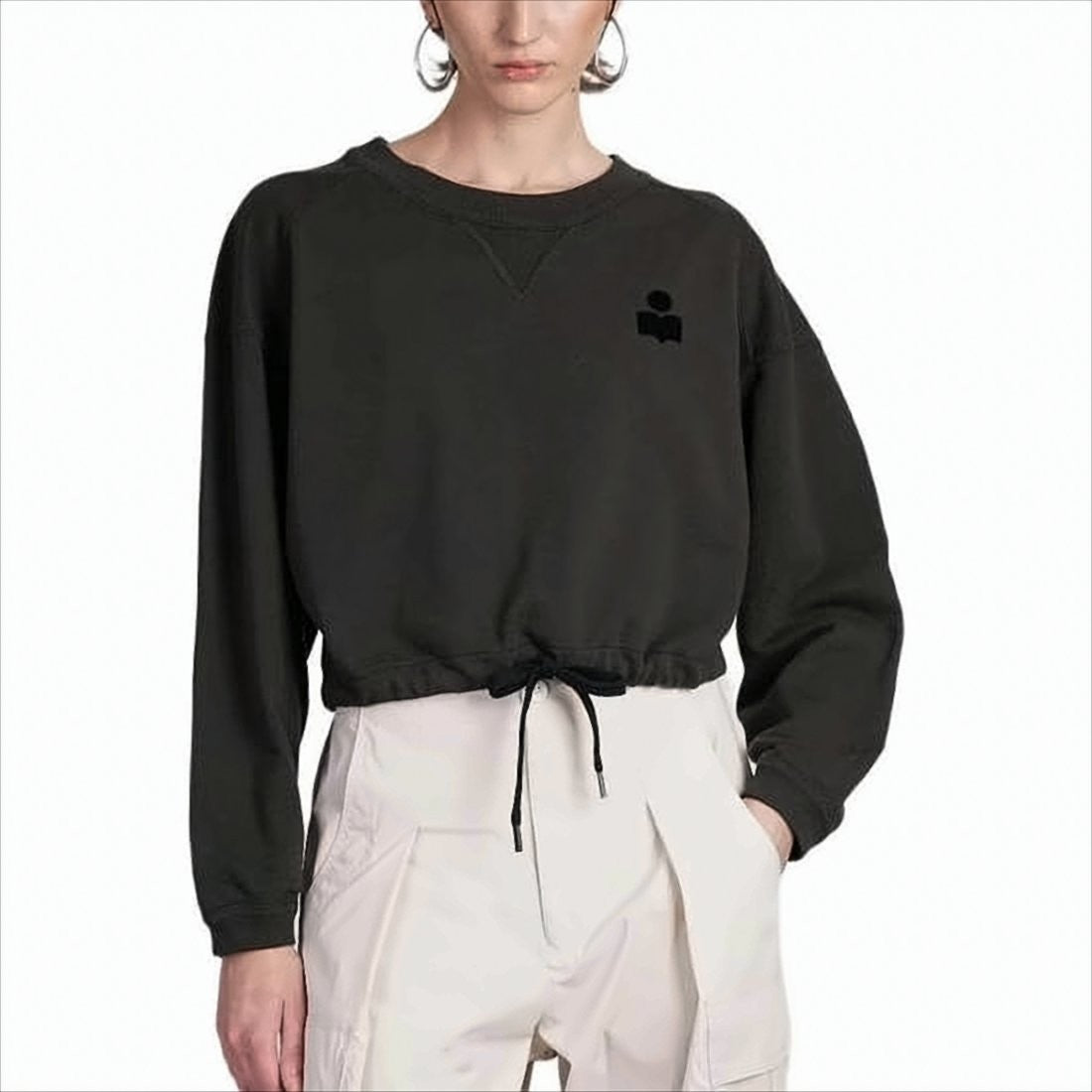 Relaxed-Fit Black Long-Sleeve Top with Drawstring Hem