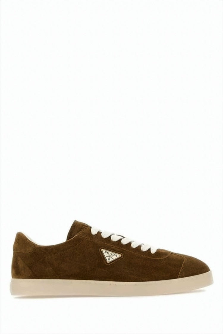 Low-Top Suede and Calf Leather Sneakers with Triangular Logo Plaque