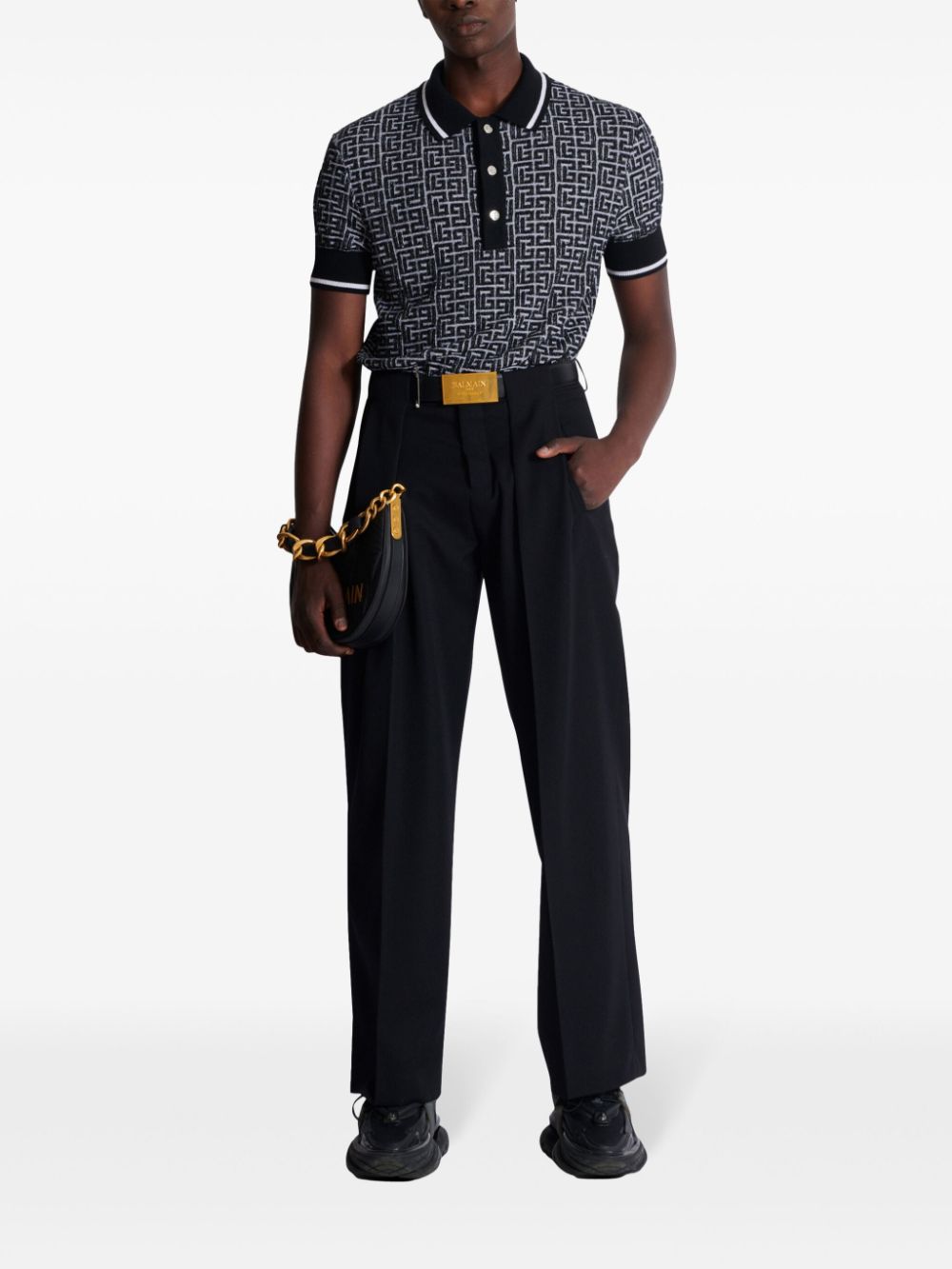 Patterned Jacquard Short-Sleeve Polo Shirt in Merino Wool Blend