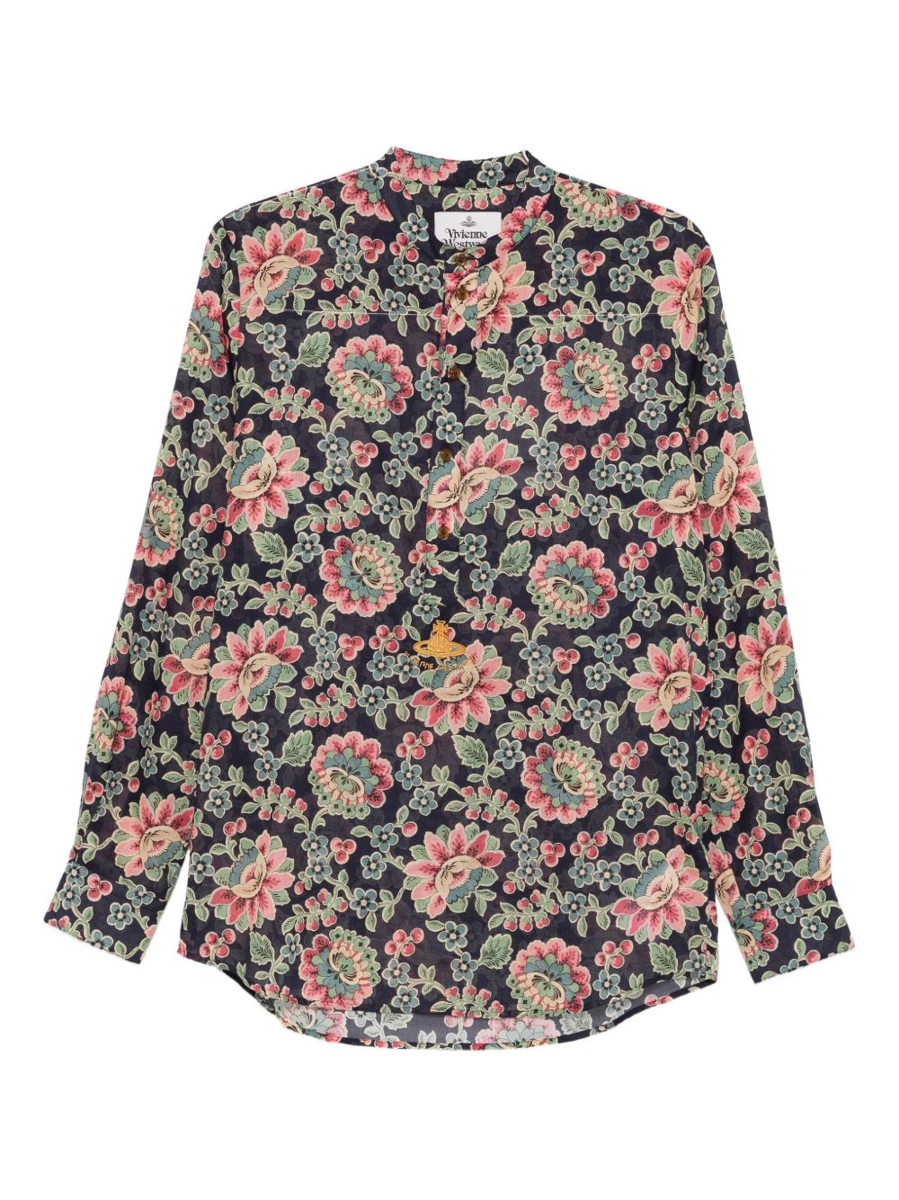 Dark Blue Floral Print Mock Neck Shirt