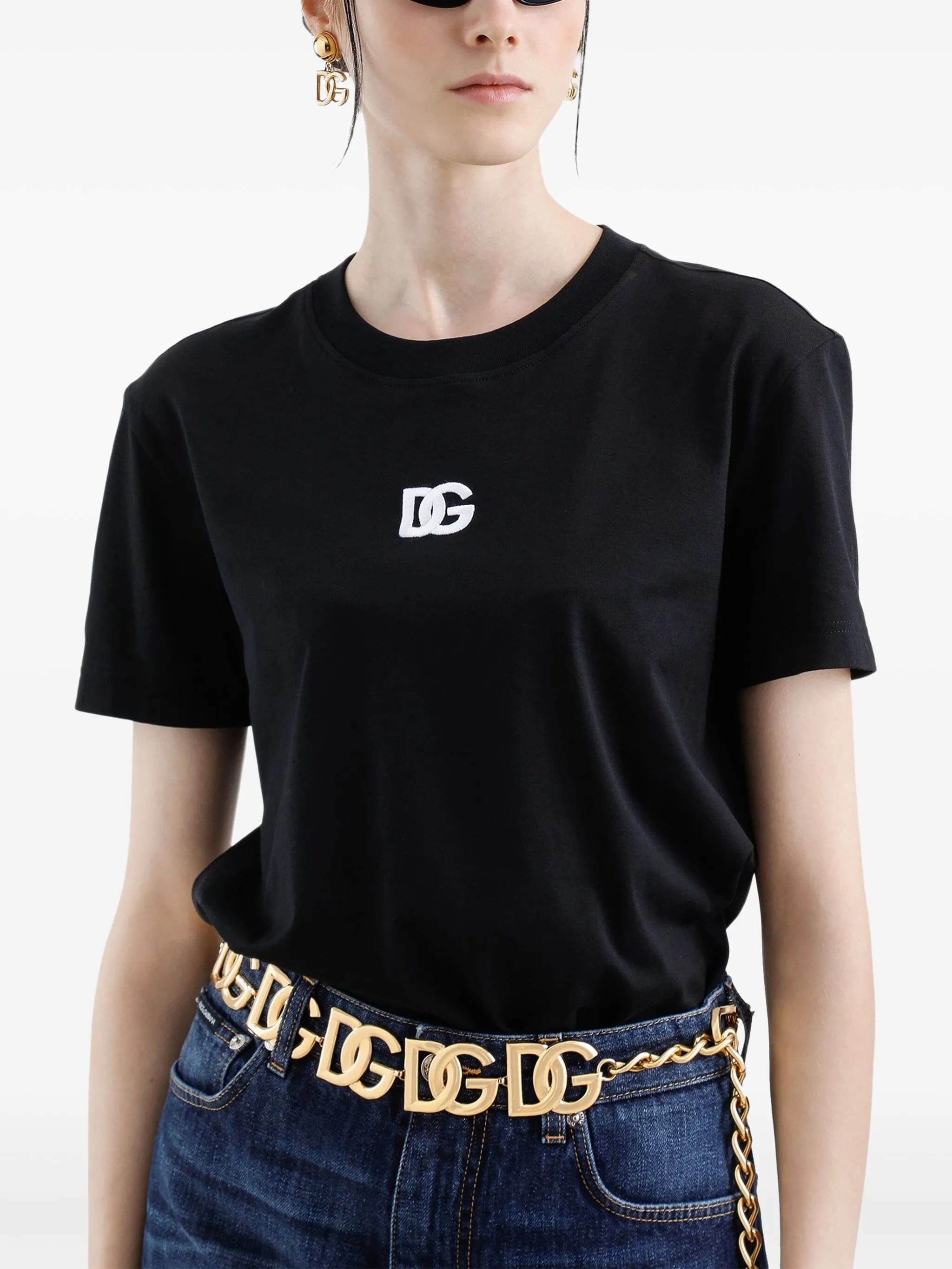 Black Jersey Cotton White Embroidered T-Shirt
