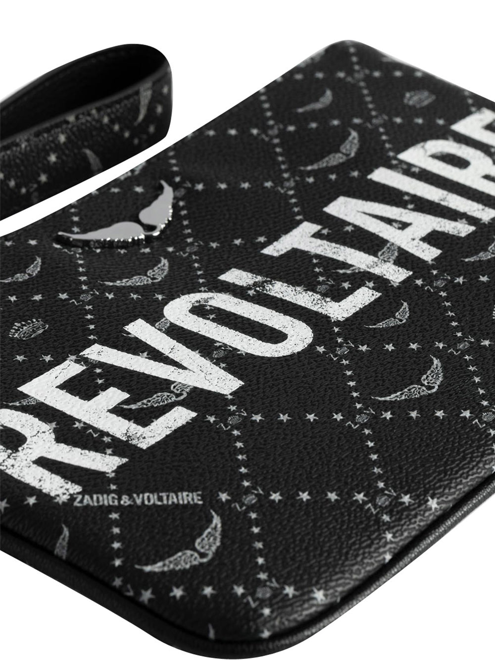 Rectangular Black Textured Wristlet Clutch with Distressed Logo
