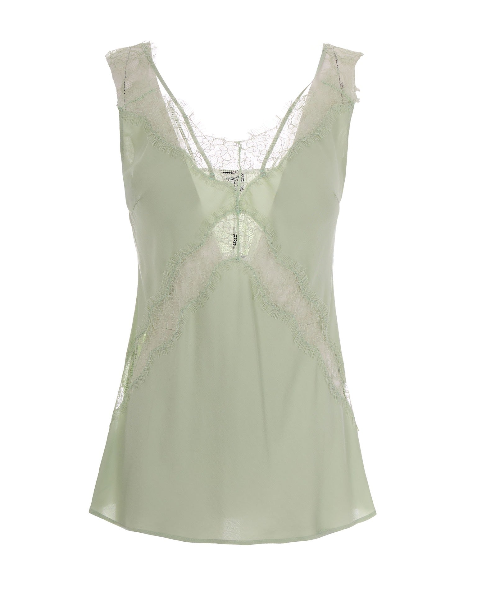 Celadon Twill Viscose Top With Intricate Lace Inserts