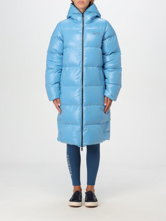 Light Blue Padded Down Coat With Glossy Finish And Hood