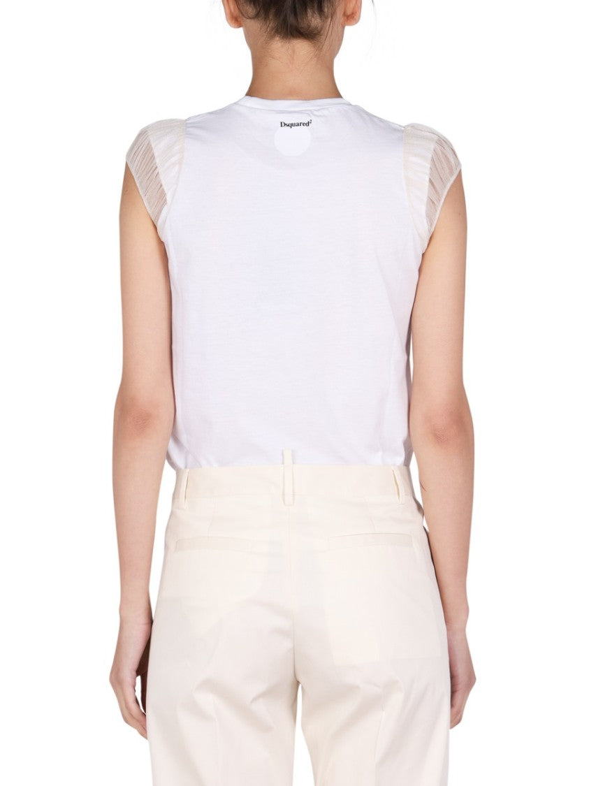 White T-Shirt With Sheer Mesh Sleeves