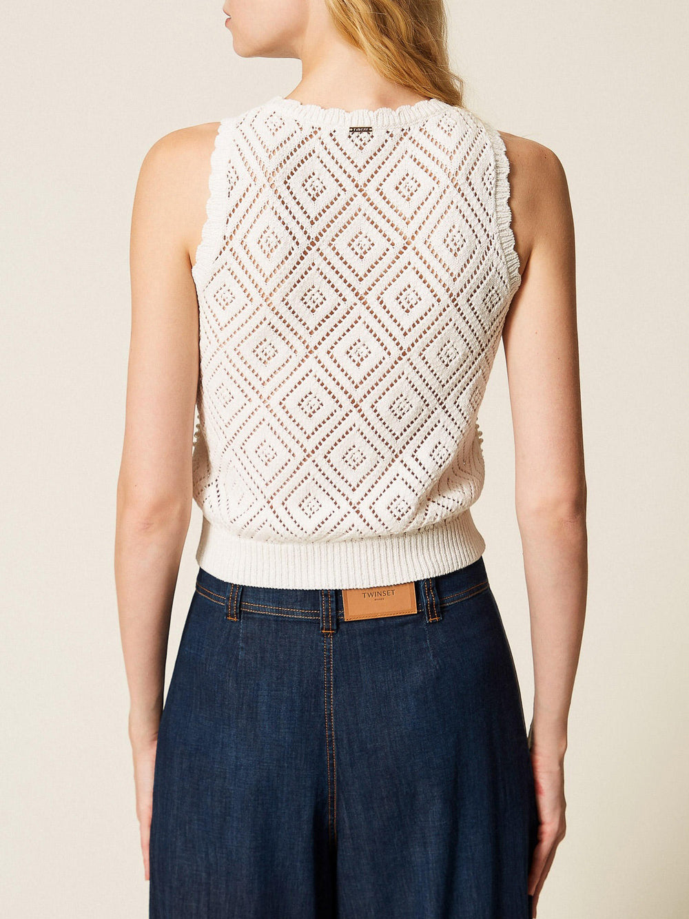 Openwork Knit Top with Pearl Embellishments