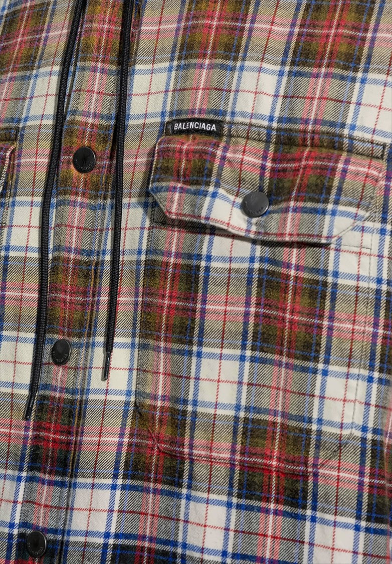 Bleached Plaid Hooded Long Sleeve Shirt