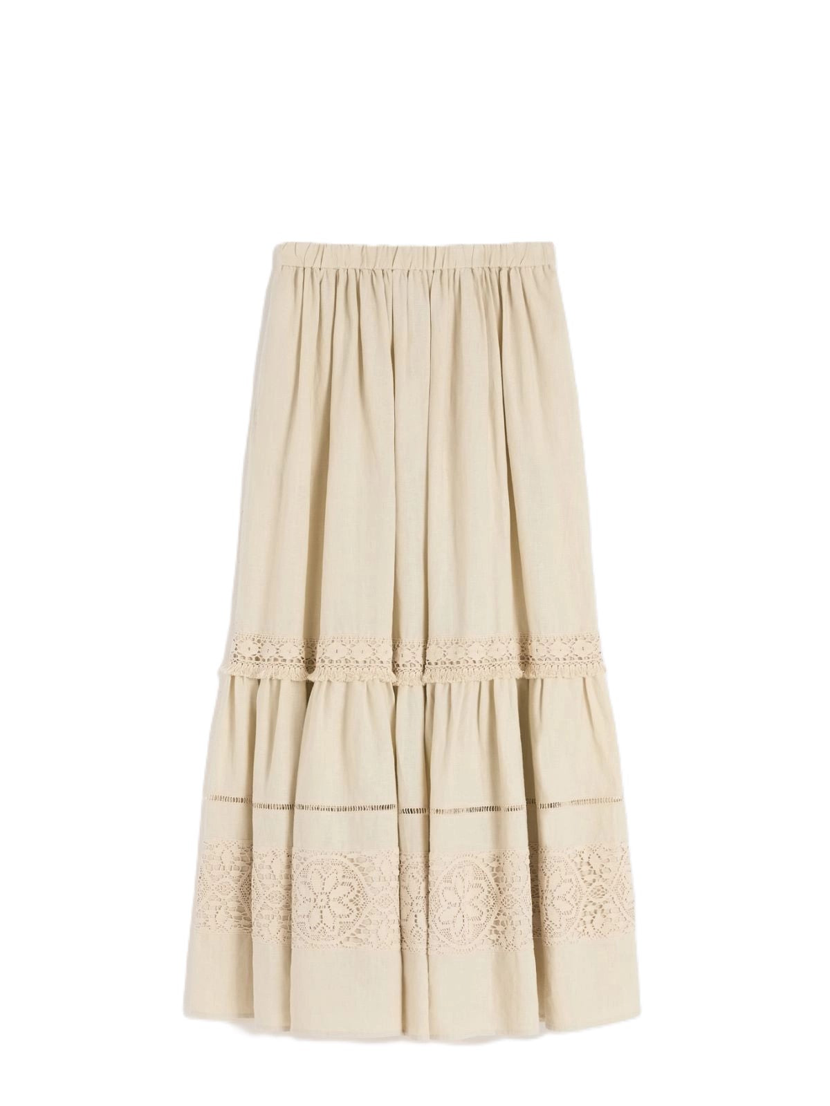 Tiered Midi Skirt with Lace Inserts