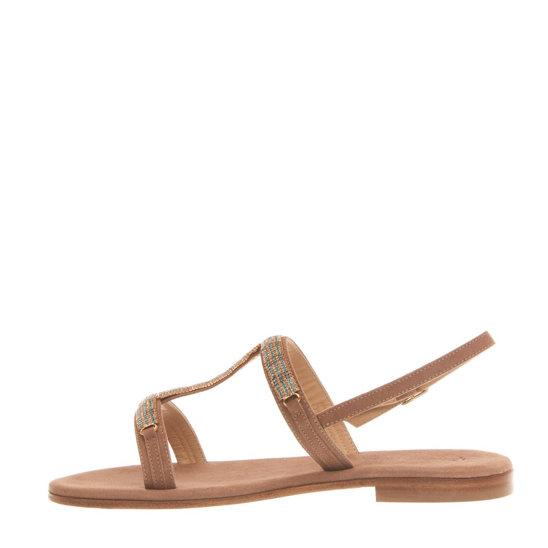Beige Suede Sandal With Blue And Copper Crystals