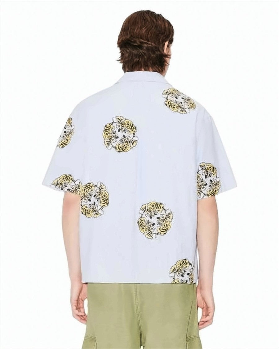 Short-Sleeved Light Blue Shirt with Tiger Motifs
