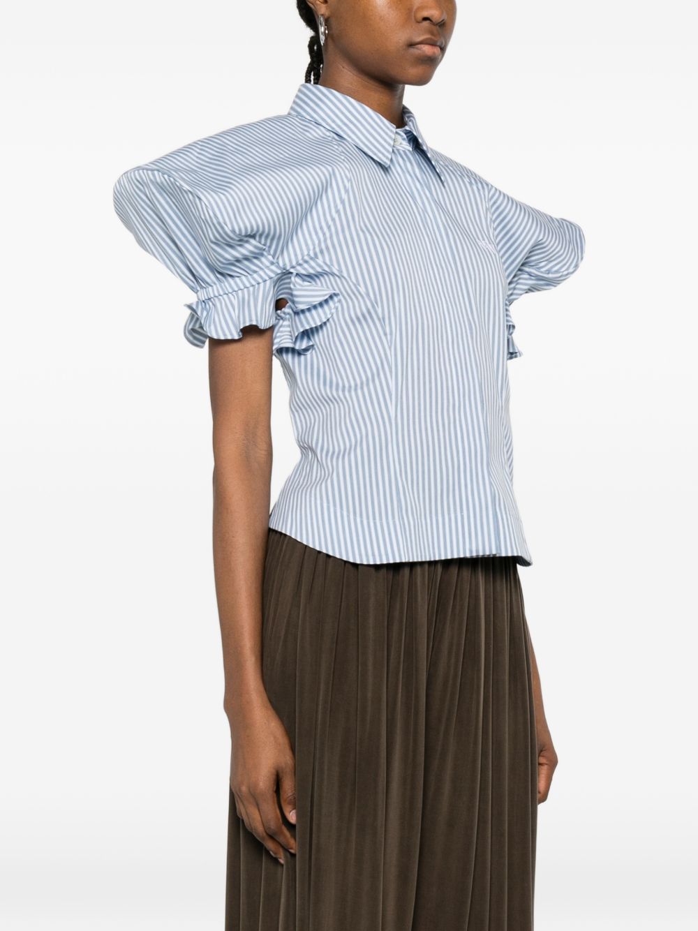 Blue Striped Gathered Sleeve Button Top