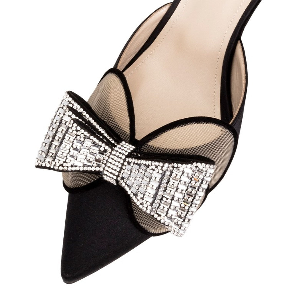 Satin-Embellished Black Sandals With Pointed Toe Design