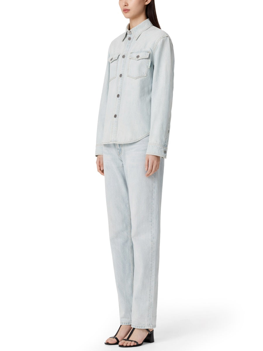 Regular Fit Bleach Wash Denim Shirt With Classic Collar