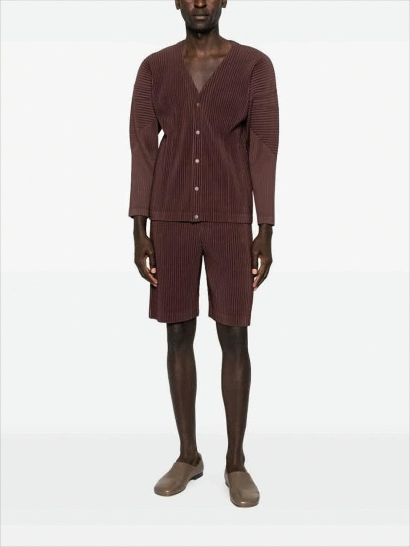 Button-Up Textured Cardigan With Deep V-Neckline And Vertical Pleats