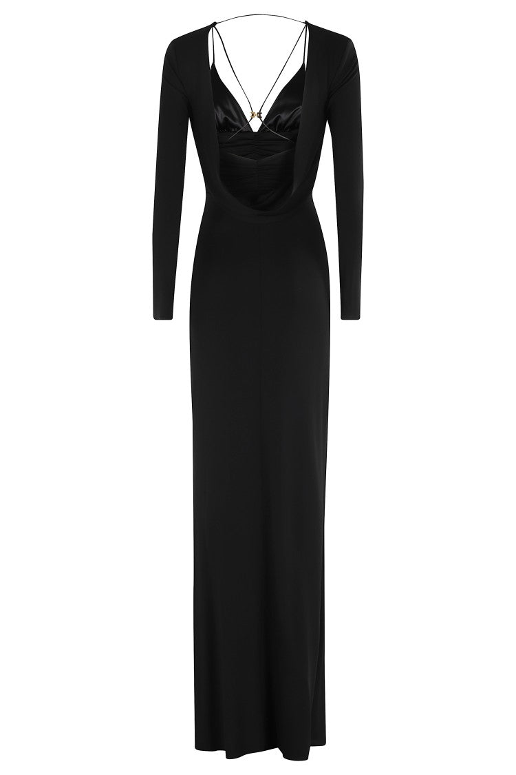 Draped Black Maxi Dress With Deep Neckline