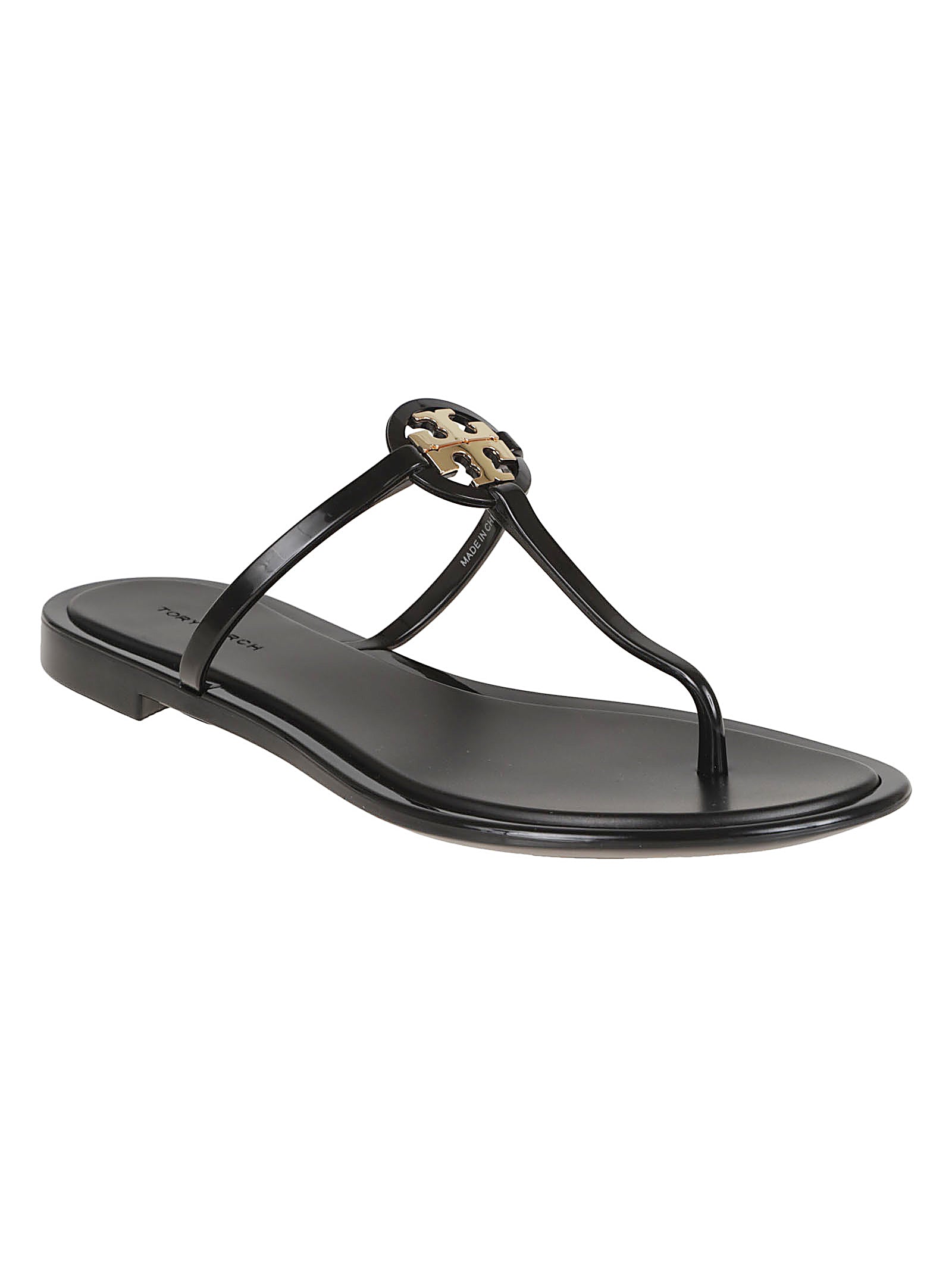 Black Sandals with Metallic Logo Emblem