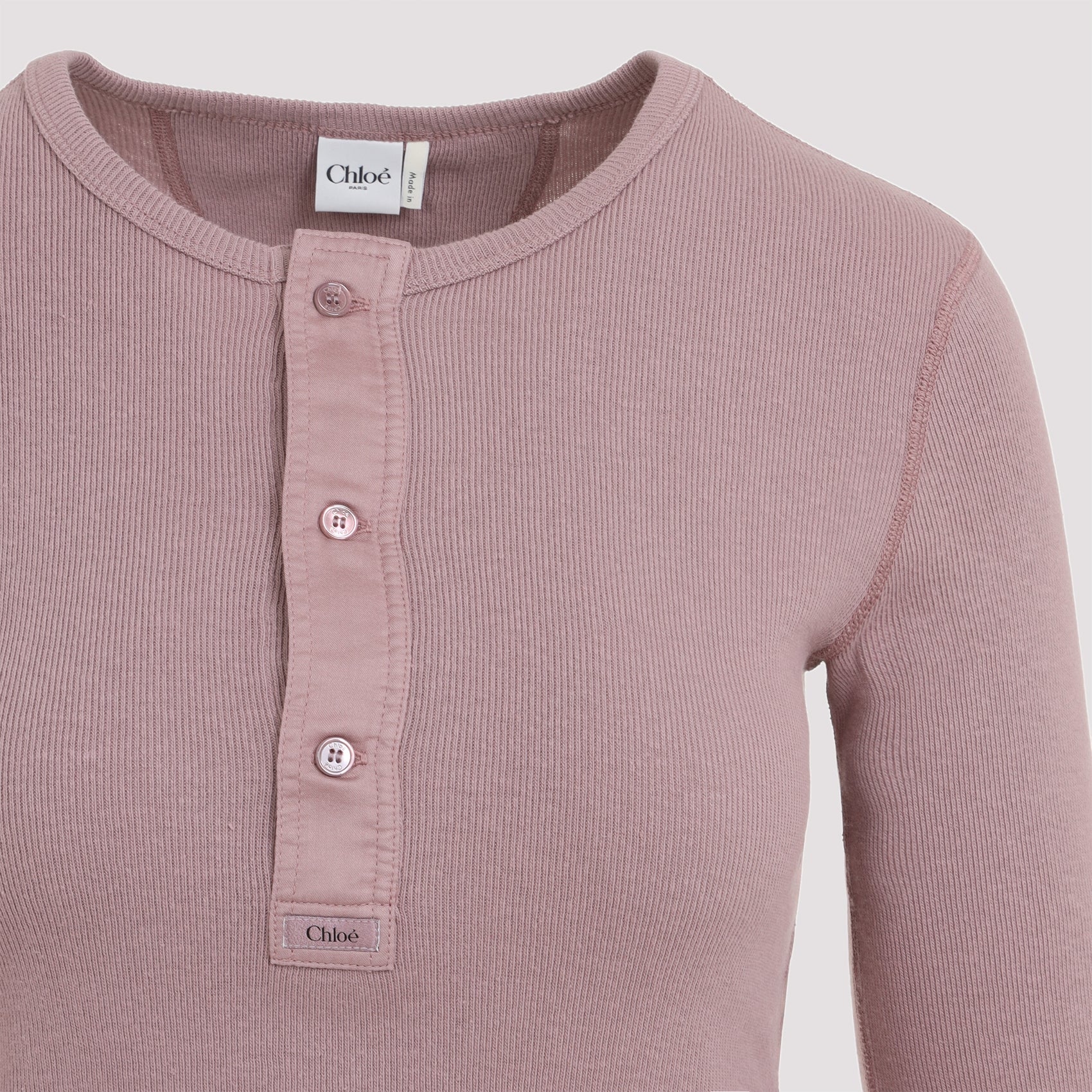 Ribbed Knit Long-Sleeved Top With Buttoned Placket