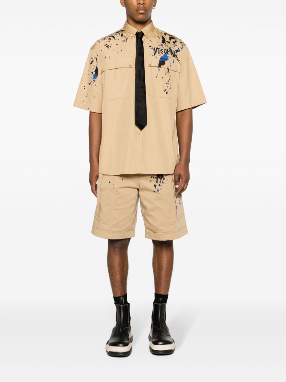 Painterly Print Sand Beige Stretch-Cotton Shorts