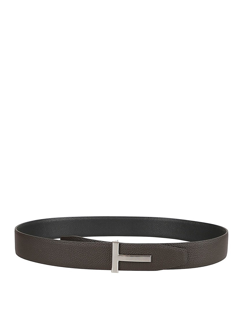 Textured Calf Leather Belt With Silver-Toned T-Buckle