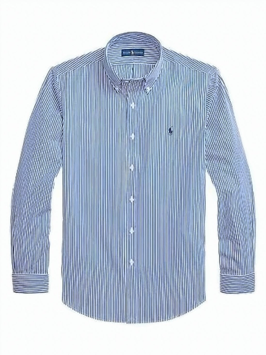 Long-Sleeved Blue Striped Button-Up Shirt with Classic Collar