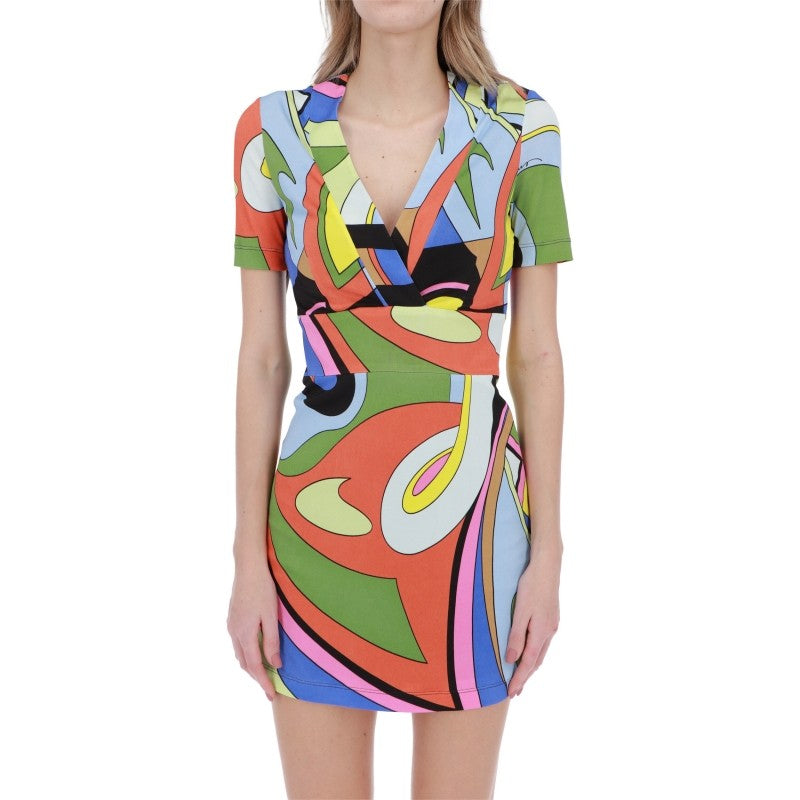 Multicolor Geometric Print Short V -Neck Dress