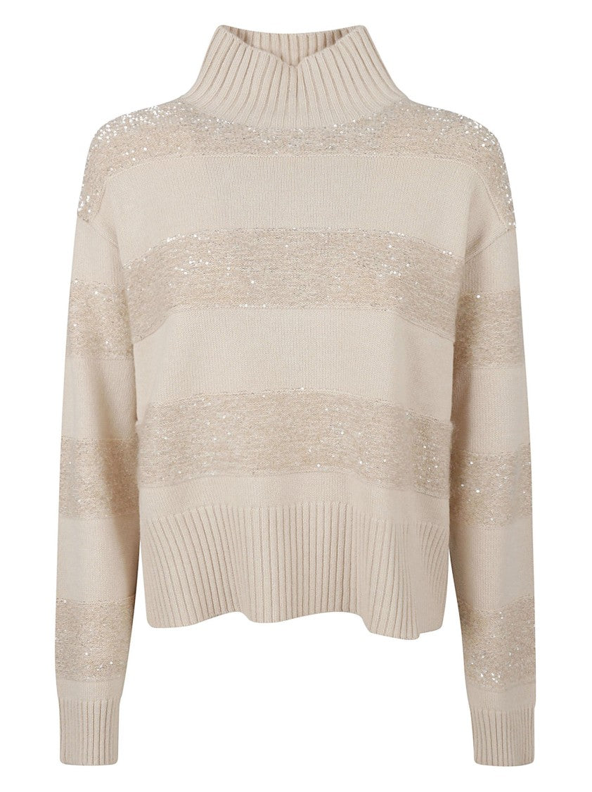 High-Neck Knit Sweater With Textured Stripes