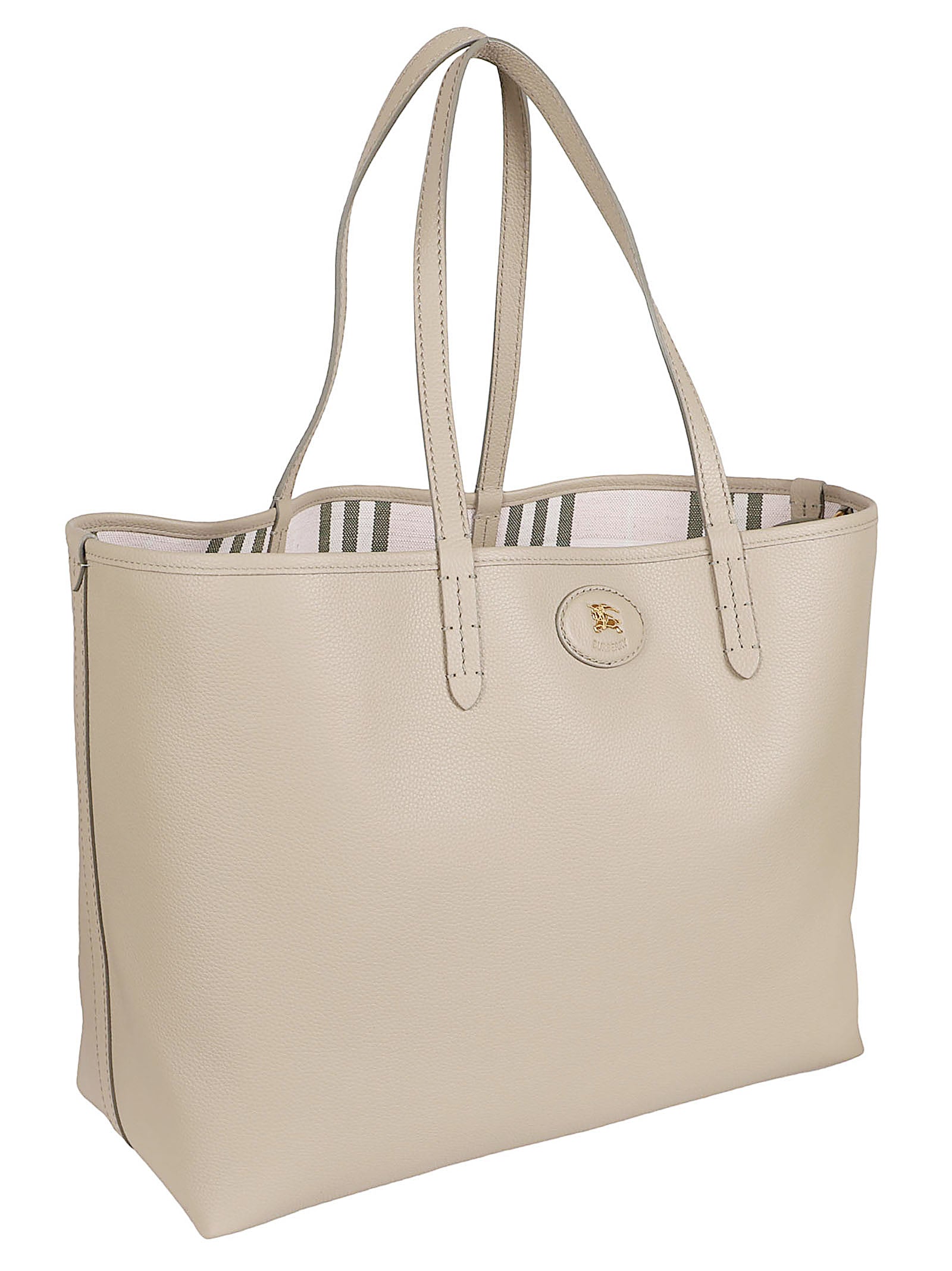 Calf Grain Leather Tote Bag with Striped Interior