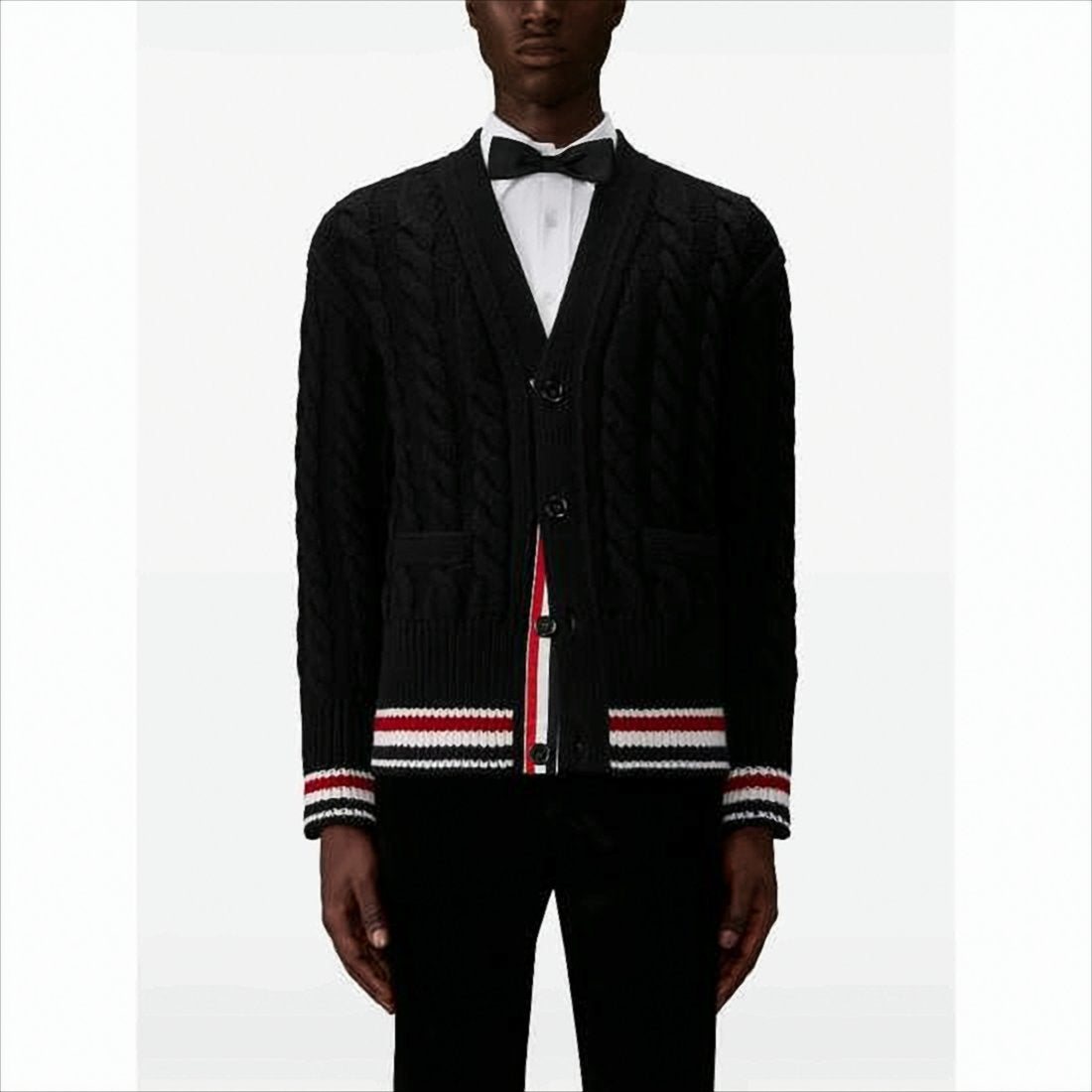 Classic Cable Knit Cardigan with Tricolor Accents