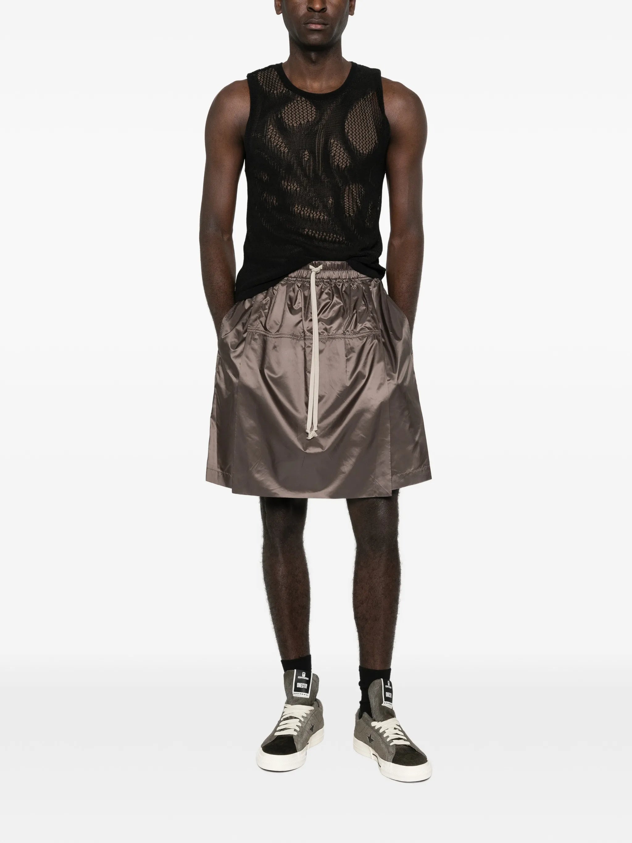 Brown Woven Kilt Bermuda Shorts