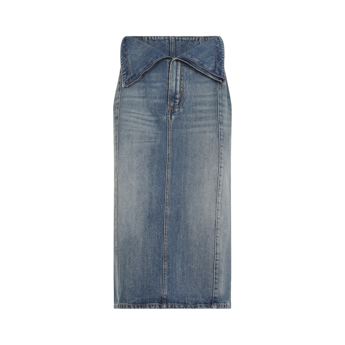Structured High-Waisted Blue Cotton Midi Skirt