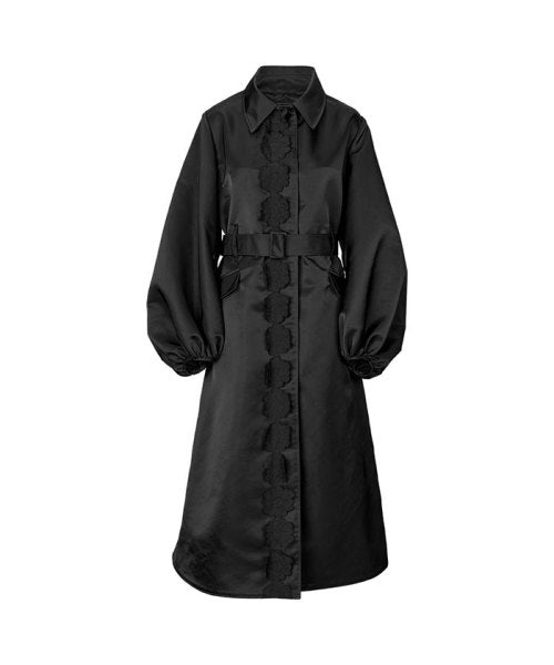 Sleek Black Coat With Structured Collar And Voluminous Sleeves