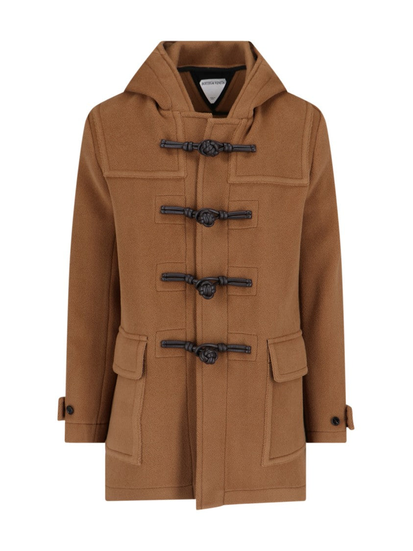 Brown Wool Duffle Coat With Hood And Braided Leather Fastenings