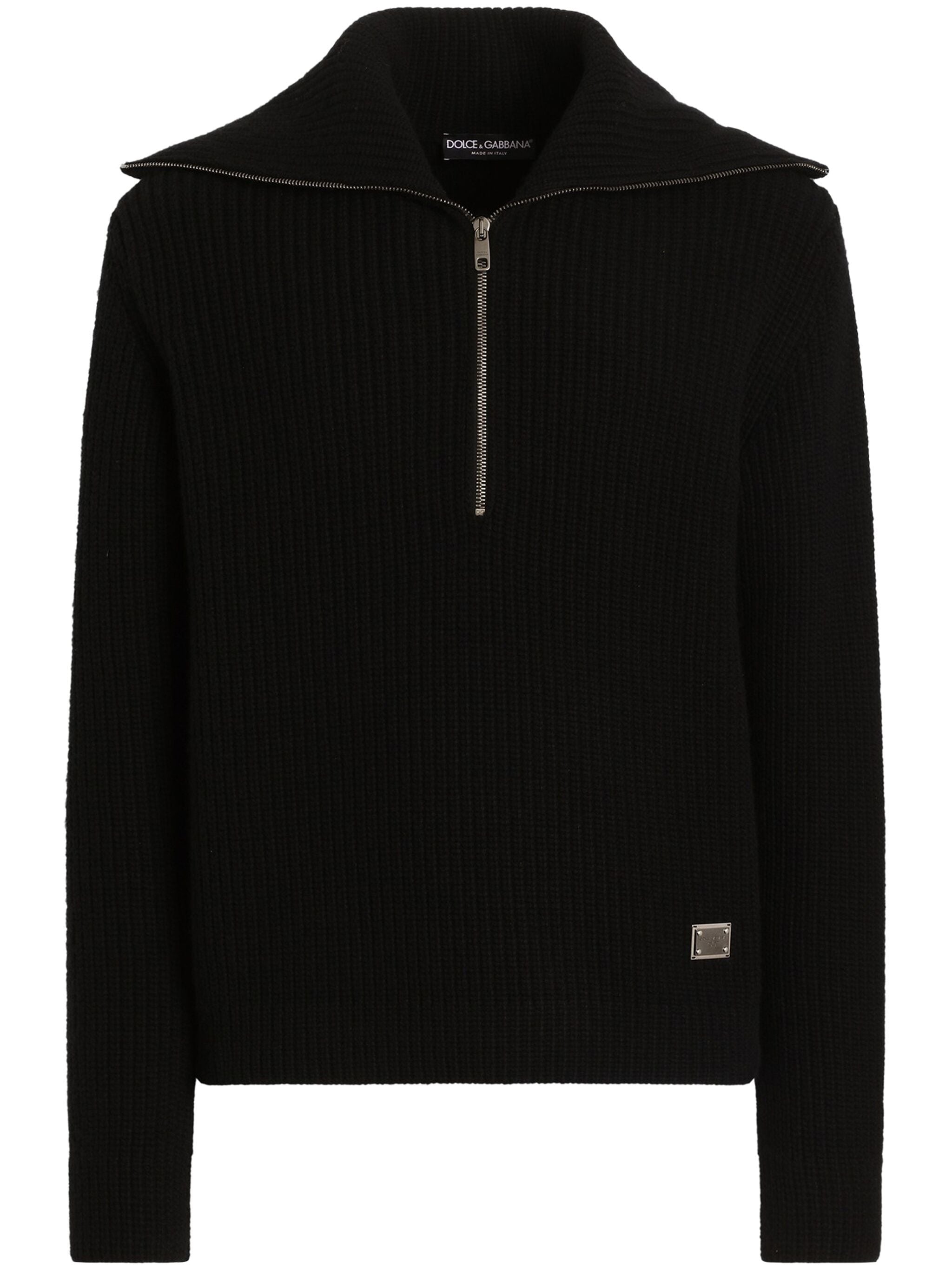 Black Ribbed Knit Half-Zip Wool Pullover