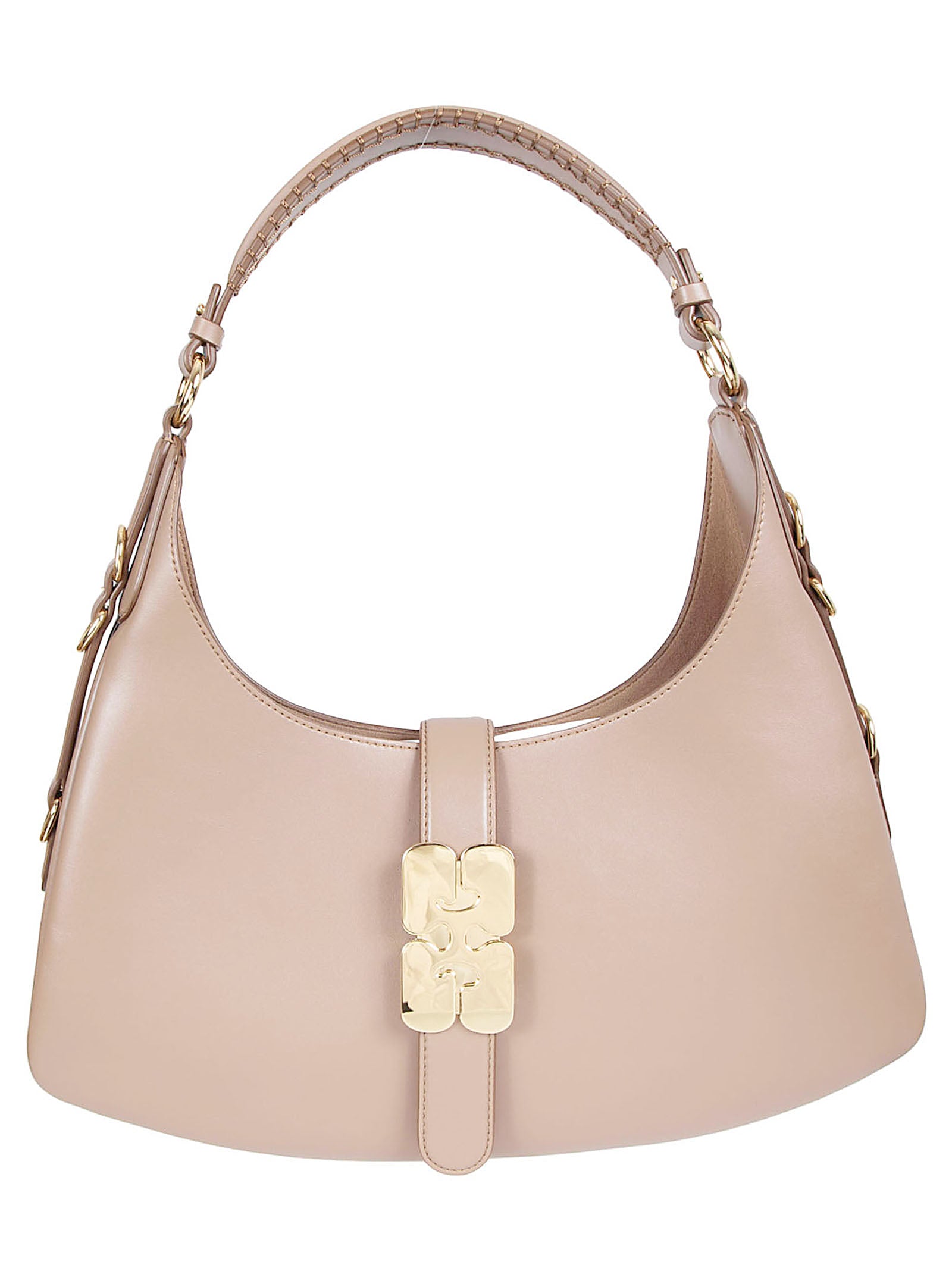 Curved Brown Handbag with Gold-Tone Accents