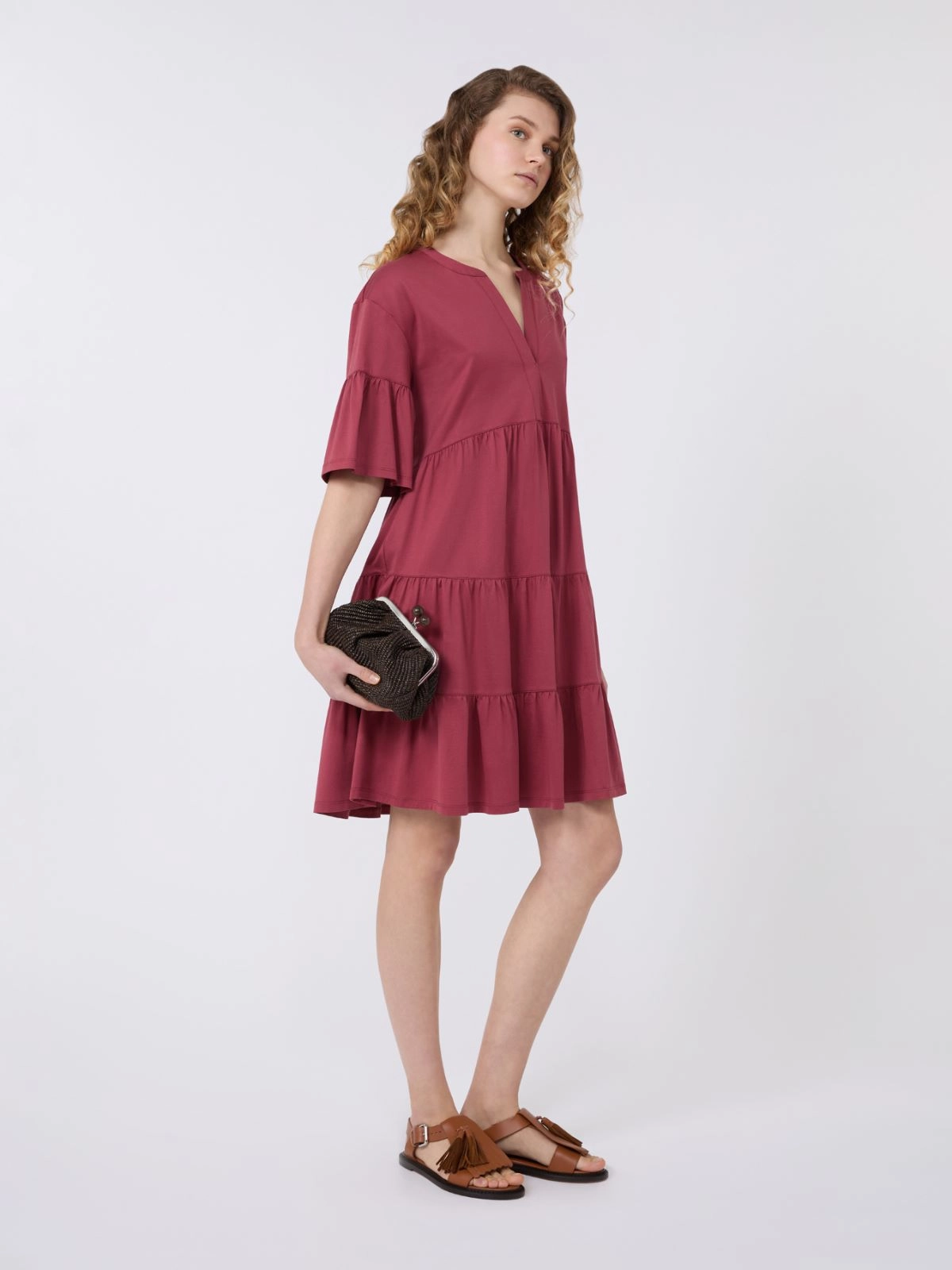 Loose Tiered Dress with Ruffled Sleeves and V-Neckline