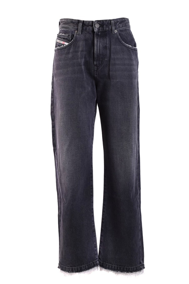 Wide-Leg Jeans With Frayed Hem And Signature Branding