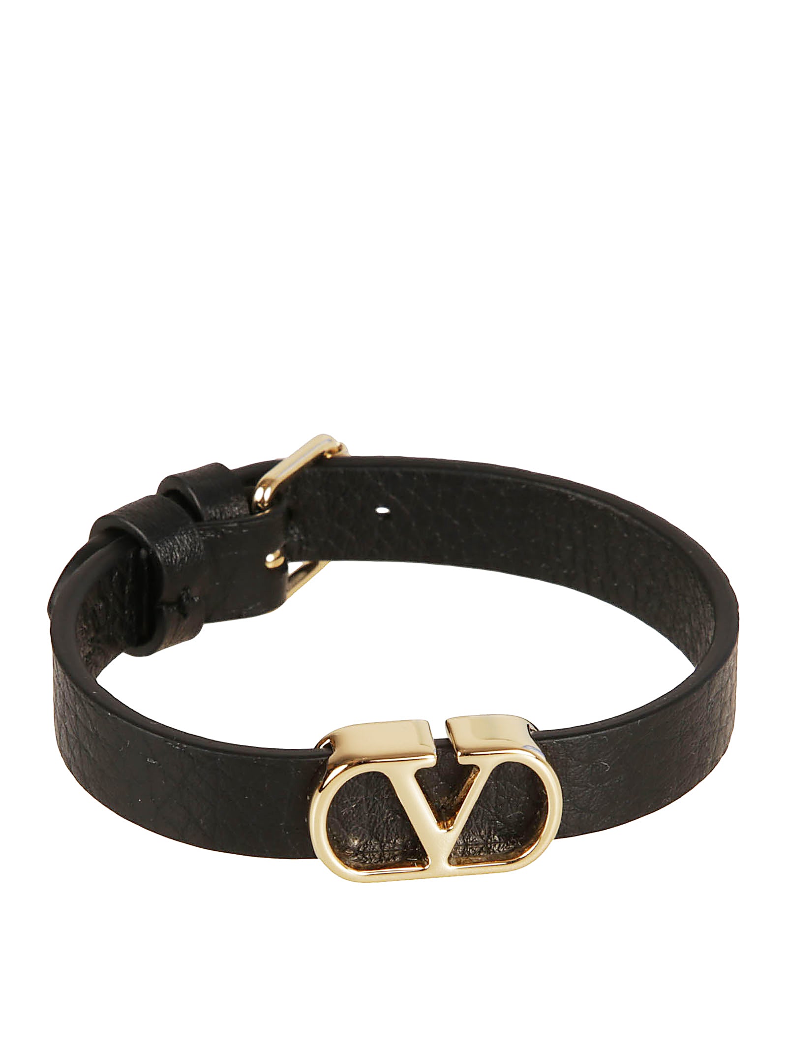 Textured Black Leather Bracelet with VLogo Signature and Adjustable Closure