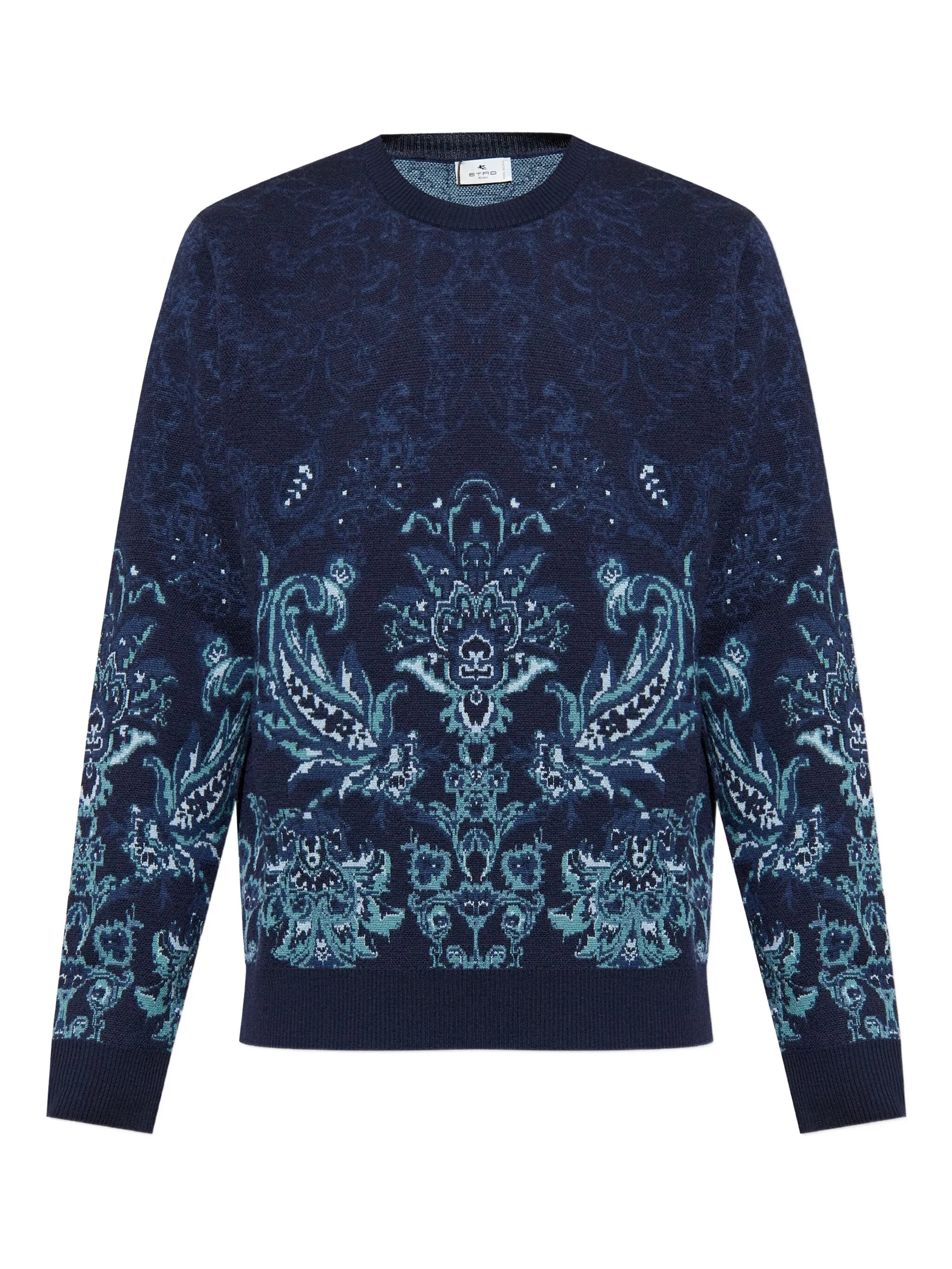 Jacquard Floral Navy Wool Knit Sweater