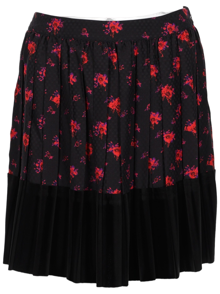 Pleated Flared Skirt With Floral Upper And Solid Black Lower