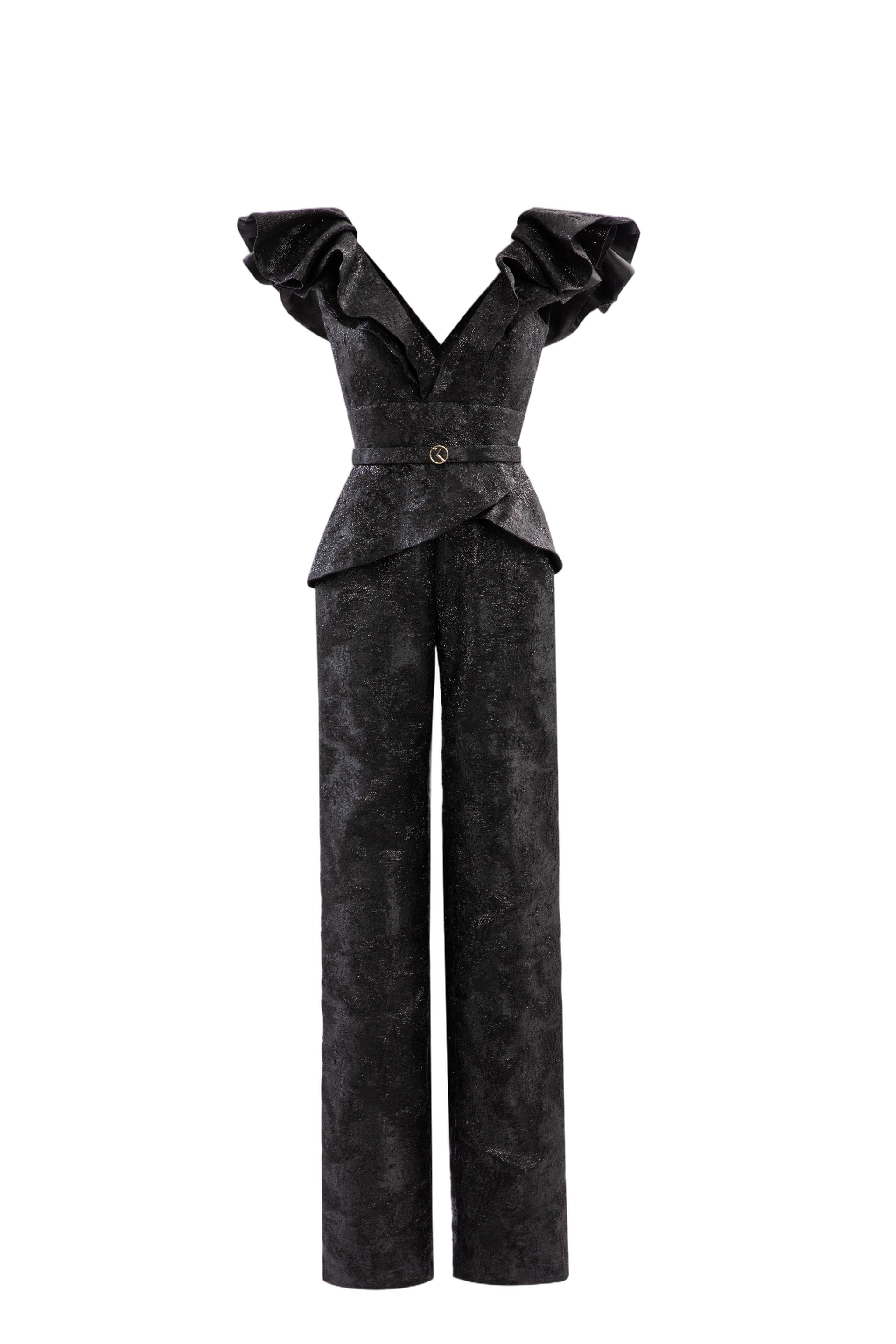Dramatic Jet Black Brocade Jumpsuit