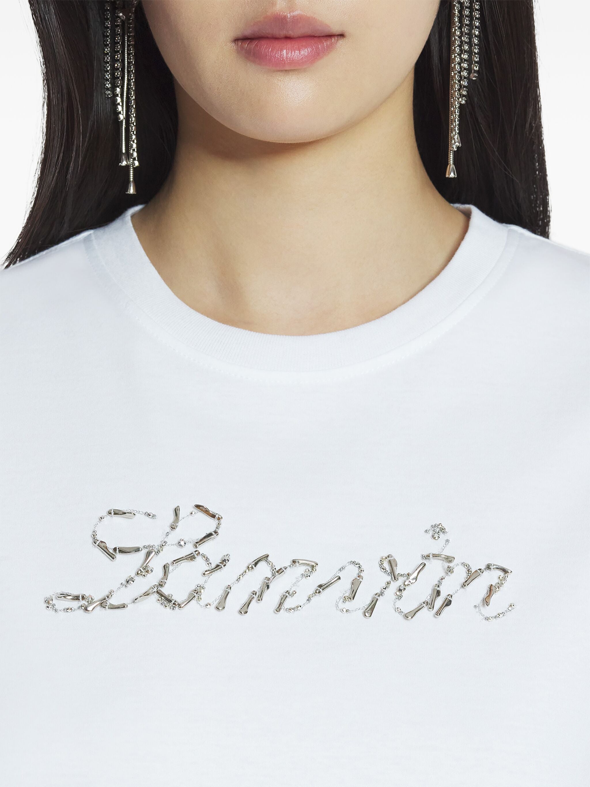 White Embroidered Script Logo Sequin T-Shirt