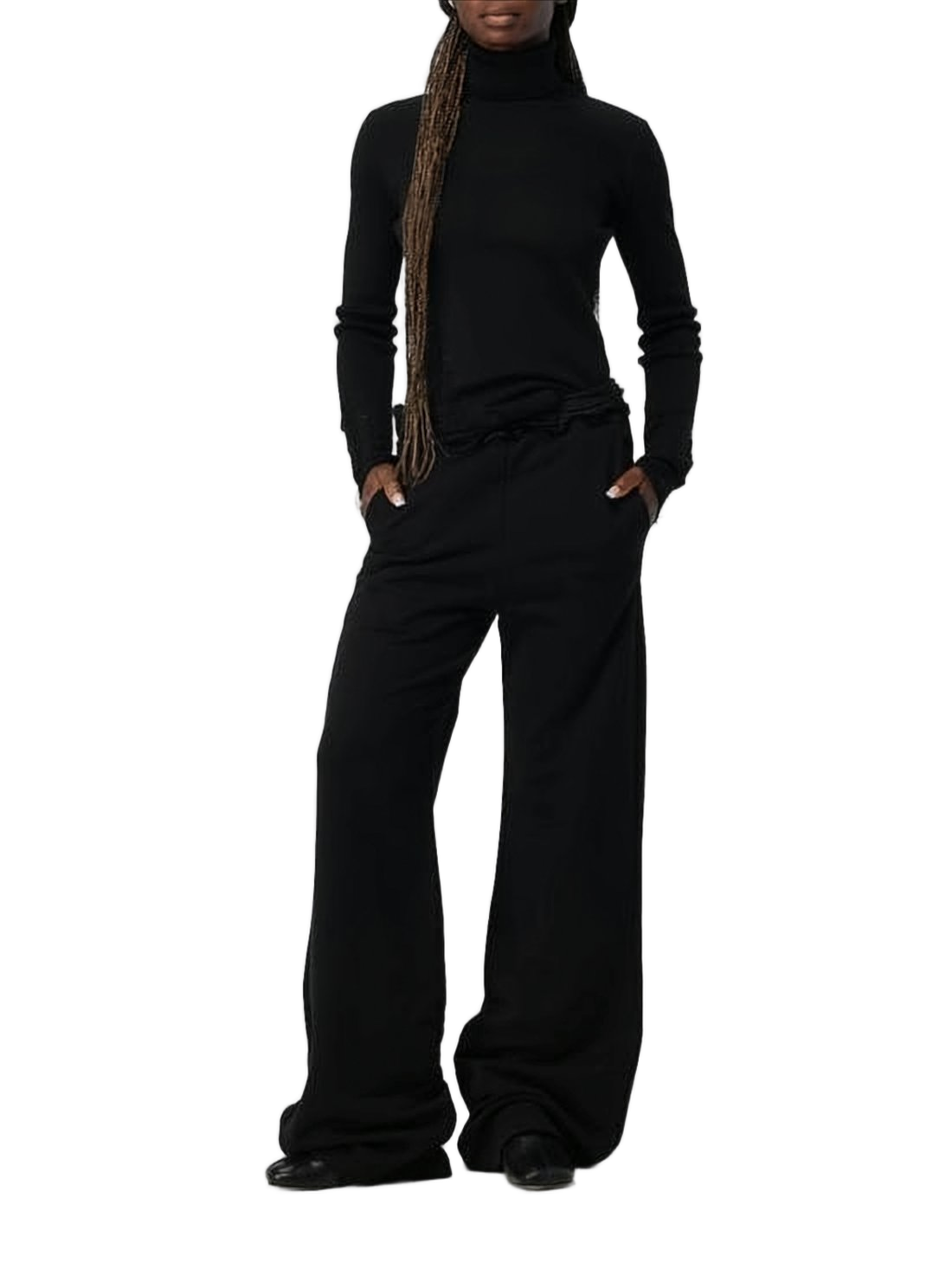 Relaxed Fit Flared Jogger Pants in Black Cotton