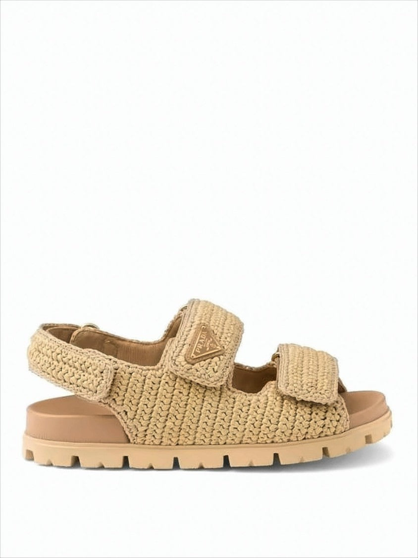 Woven Texture Sandals With Adjustable Straps And Triangular Logo