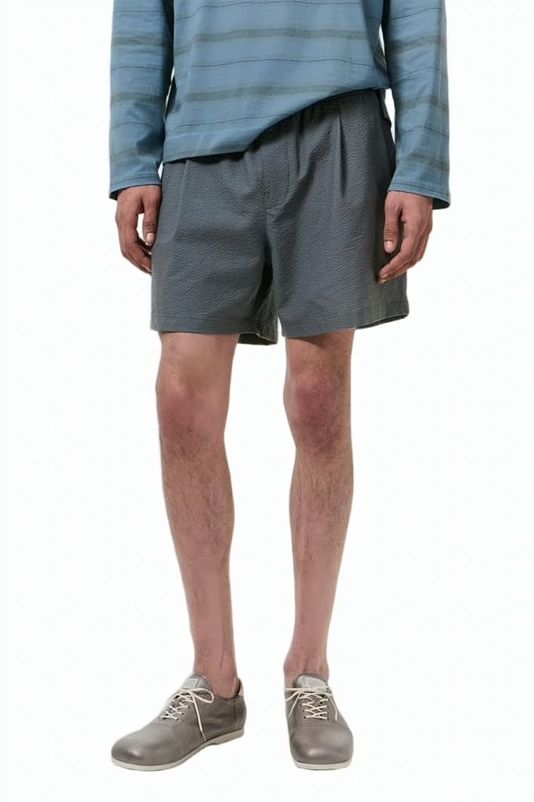 Relaxed Fit Textured Grey Shorts with Elastic Waistband