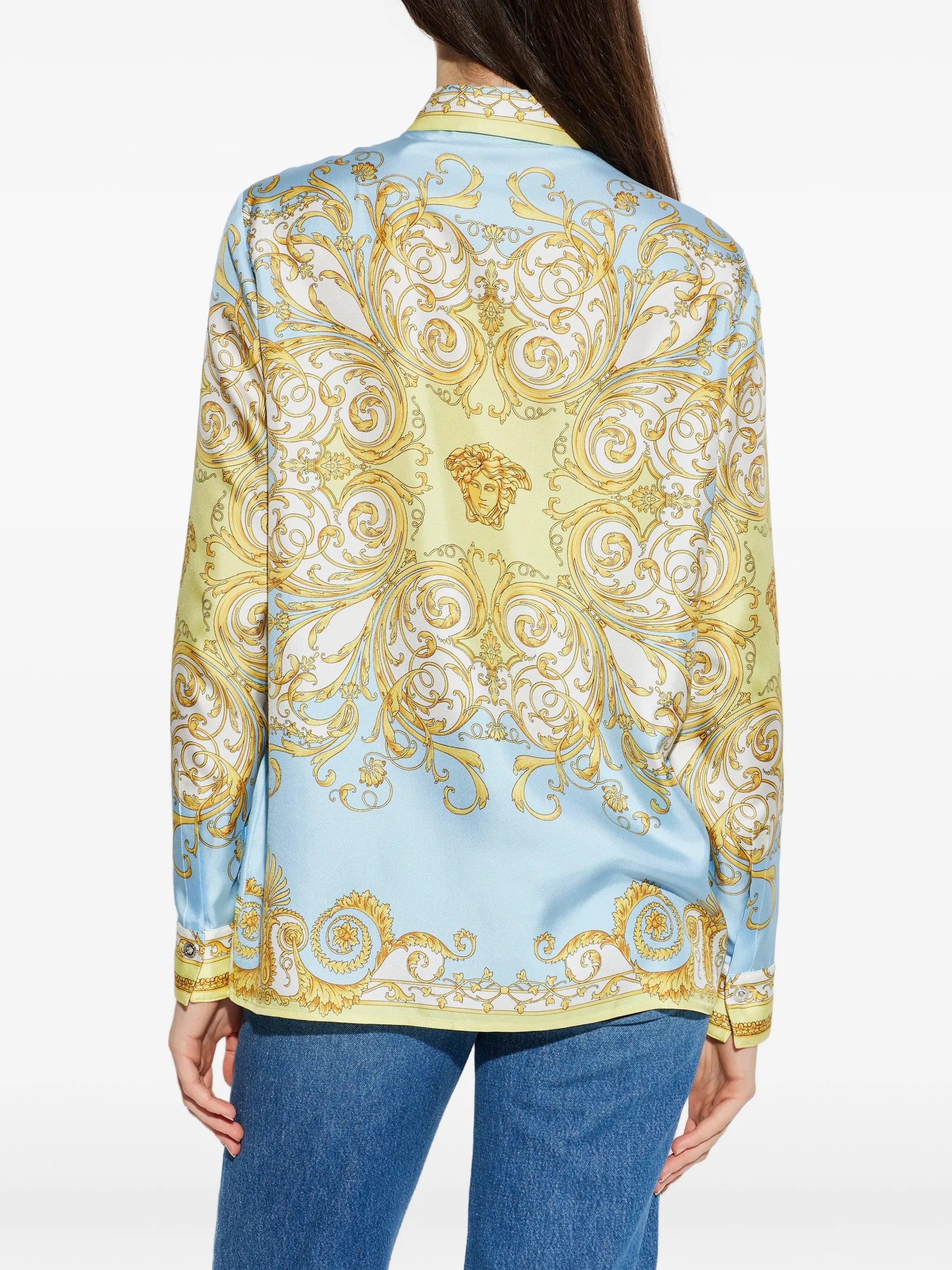 Pastel Blue Baroque-Inspired Silk Scroll Shirt