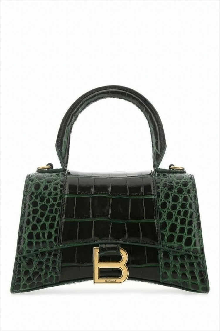 Glossy Crocodile-Embossed Green Tote Bag with Iconic Logo Clasp