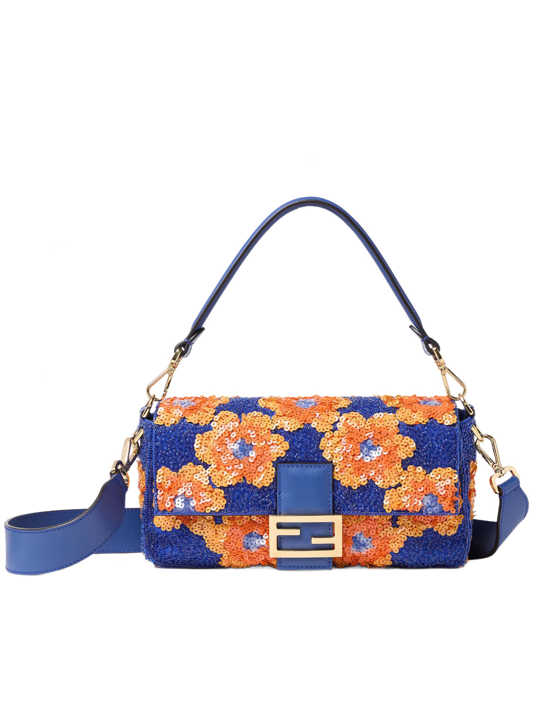 Floral Sequin Baguette Bag with Structured Handle