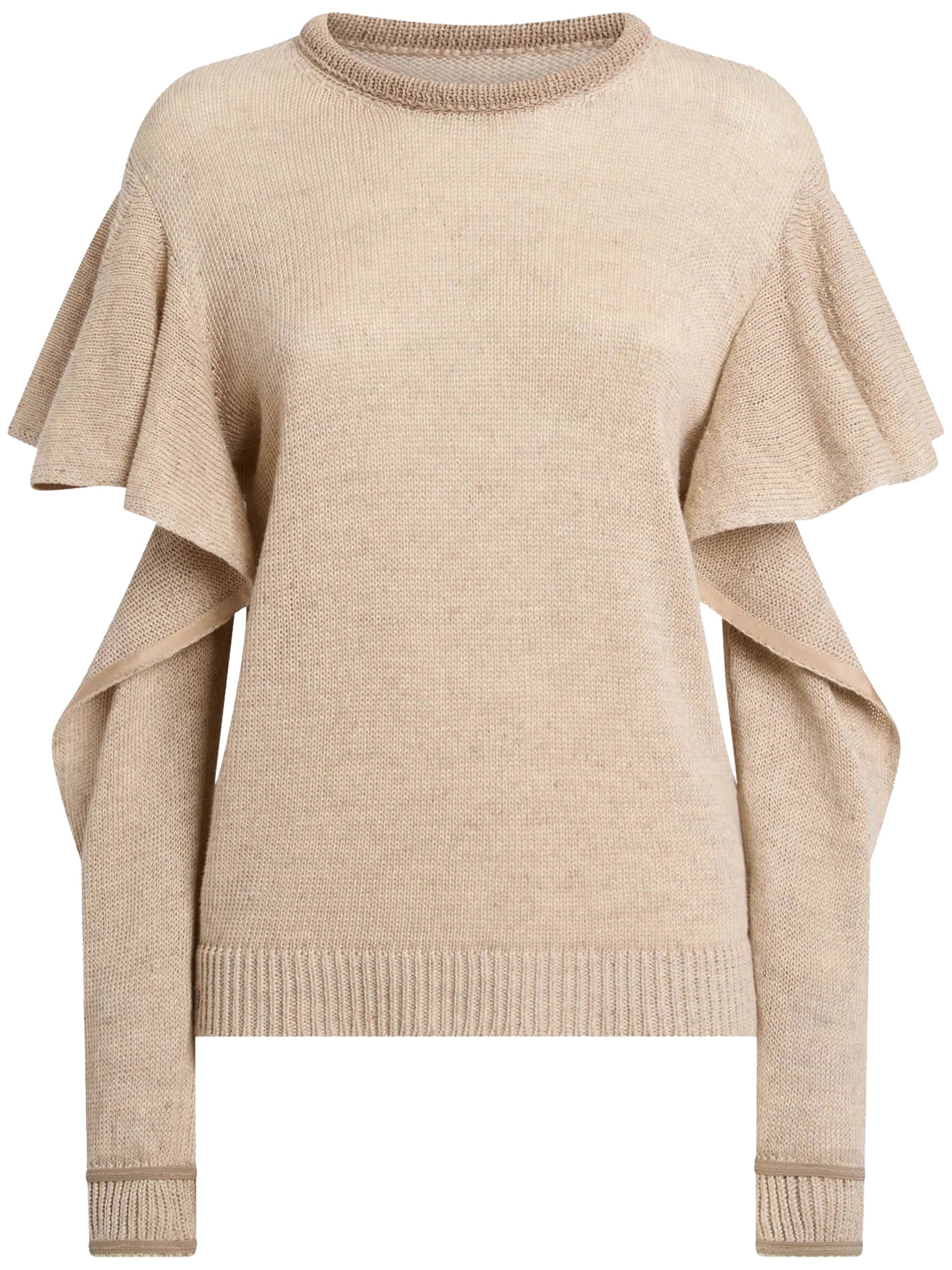 Ruffled Cut-Out Sleeve Knitted Linen Blend Top