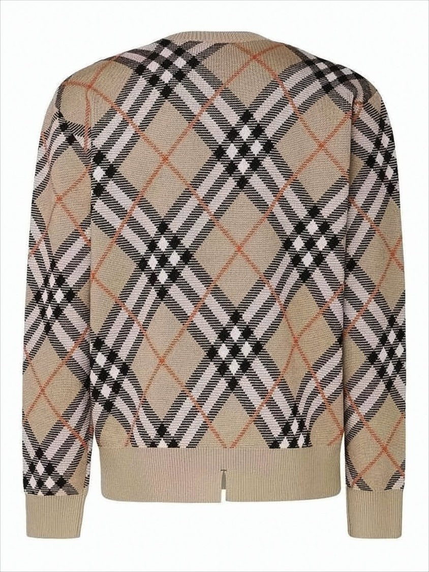 Beige Checkered Knit Sweater with Crew Neckline