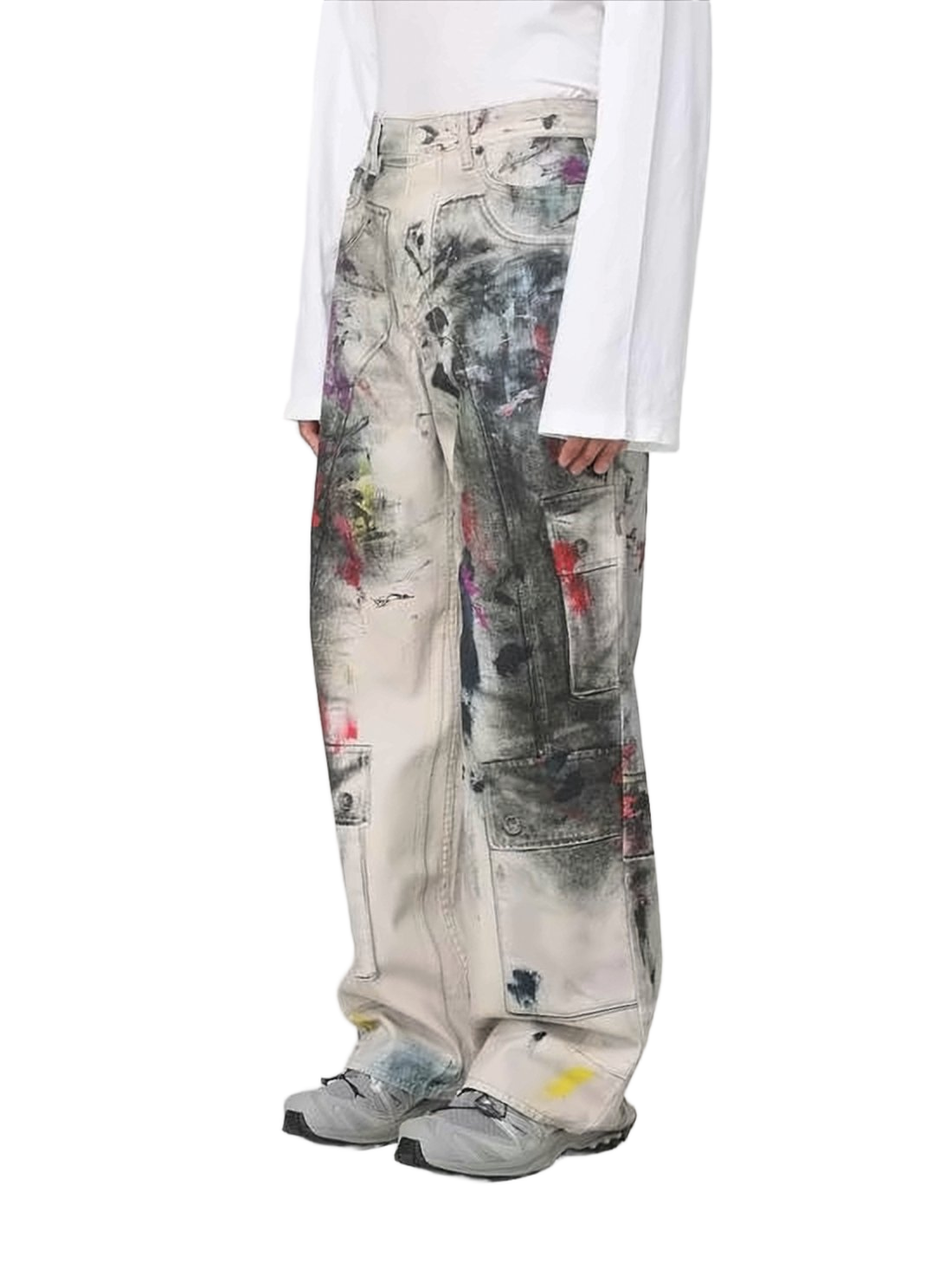 Paint-Splattered Loose-Fit Straight Pants with Multiple Pockets